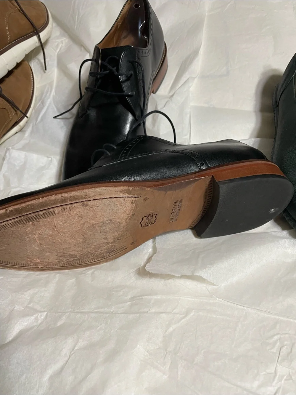 Johnston & Murphy Black Leather Derby Shoes with Brown Welt